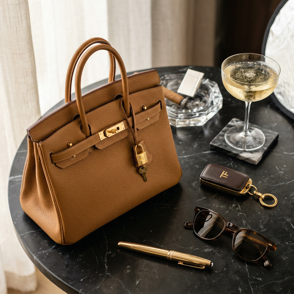 Hermes Birkin and Tom Ford car key on black marble with Cristal coupe