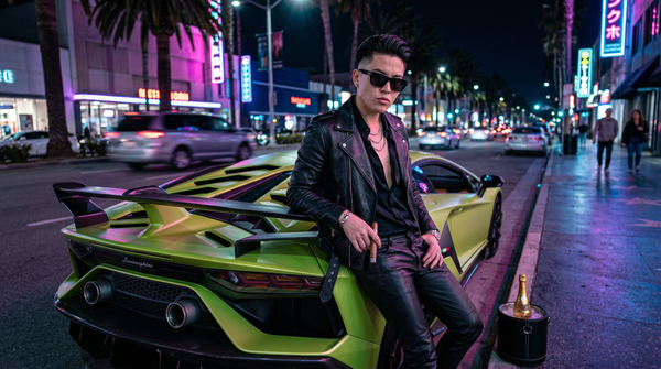 Fashion-forward model leaning on Lamborghini Aventador under neon palms at night