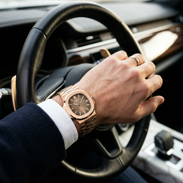 Close-up of Patek Philippe on hand at a luxury car steering wheel with marble