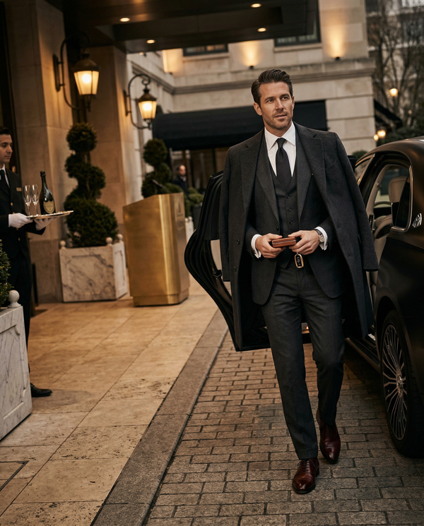 Man in Tom Ford suit stepping from Mercedes-Maybach at members-only club valet