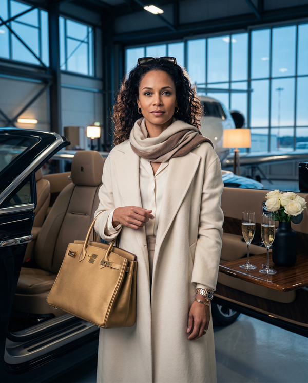 Woman in Brunello Cucinelli beside Rolls-Royce Dawn in private hangar