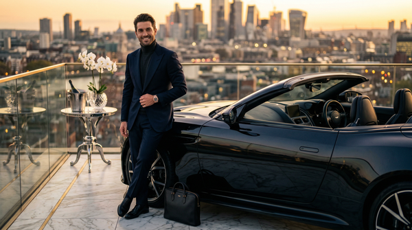 Man in Tom Ford with Aston Martin on penthouse terrace at golden hour