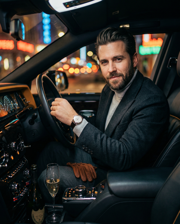 Night portrait in Rolls-Royce with Patek watch and Dom Pérignon