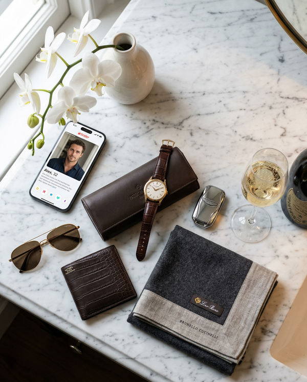 Marble vanity flatlay with Patek, iPhone dating app and Dom Pérignon