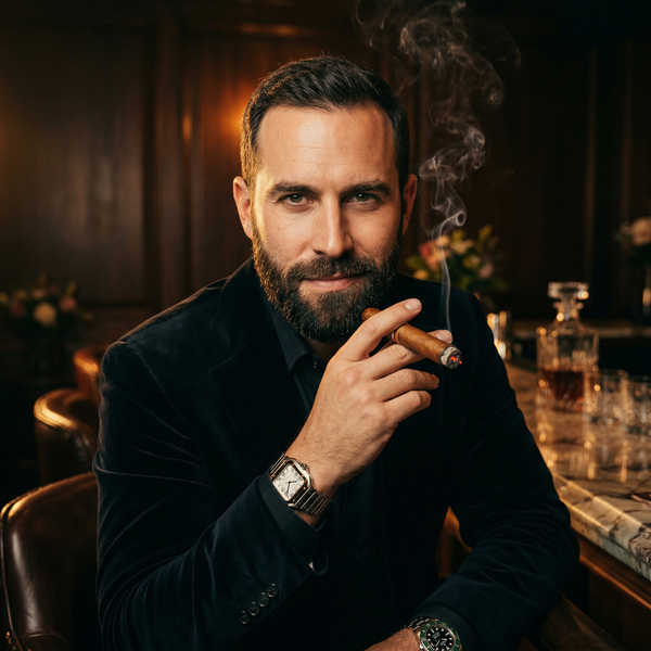 Members club portrait with cigar, Cartier and velvet blazer