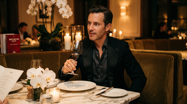 Man dining in Michelin-star restaurant wearing Tom Ford and Cartier