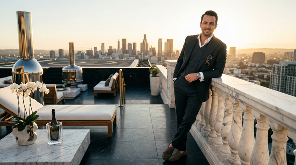 Wealthy man on penthouse terrace at golden hour with champagne