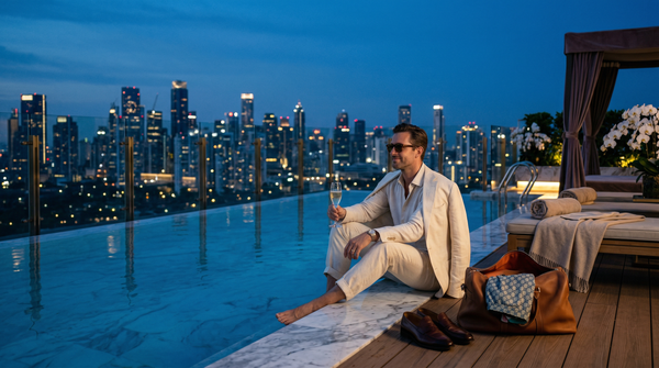Rooftop pool at blue hour with man in Brunello Cucinelli and Cristal