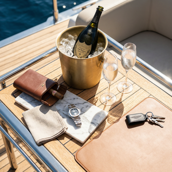 Yacht detail with Dom Pérignon, Patek Nautilus and teak table