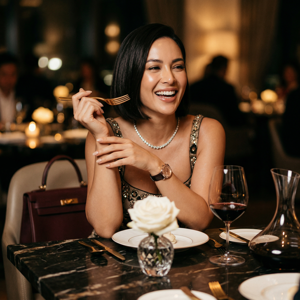 Woman at Michelin restaurant candlelight wearing Cartier and Patek