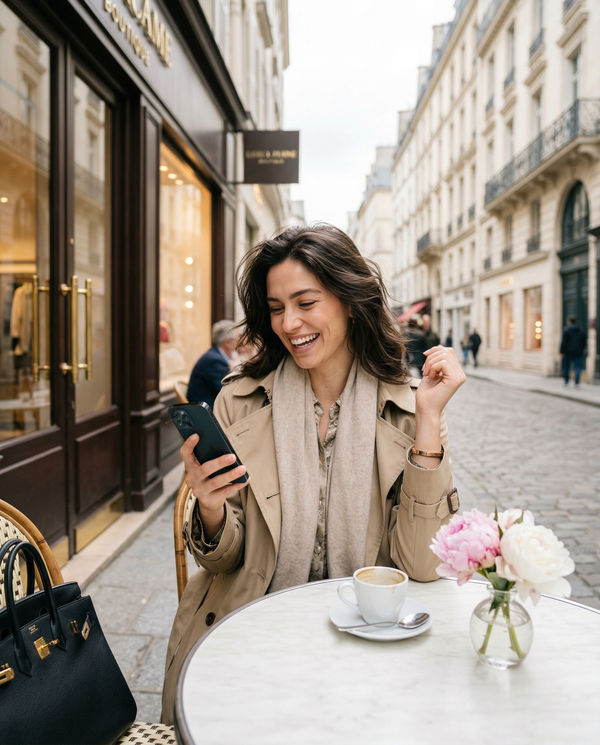 Chic woman at Parisian café with Hermès trench and Birkin