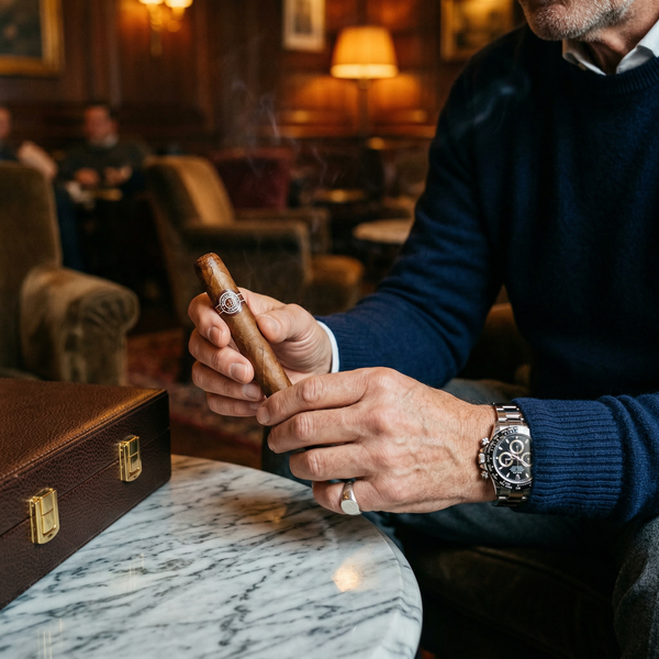 Close-up of gentleman's hands with cigar and Rolex in luxury lounge