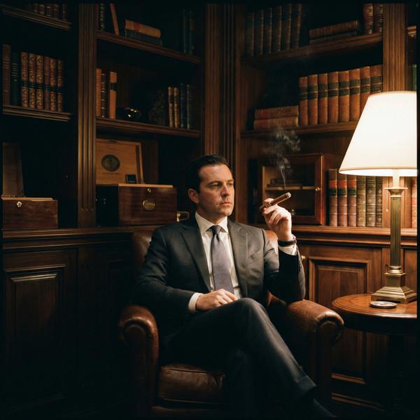 Introspective moment in a luxury cigar room, perfect for dating makeovers