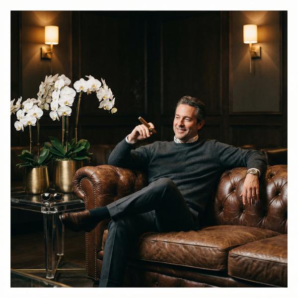 Relaxed confidence in an exclusive lounge, ideal for dating profile upgrades