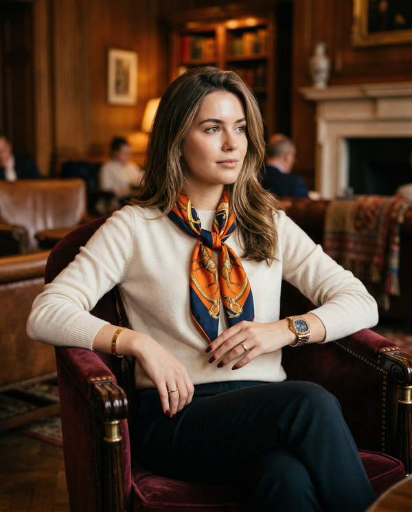 Stylish woman in luxury lounge with designer accessories