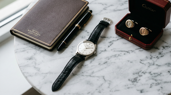Patek Philippe watch on marble with Cartier cufflinks and leather notebook