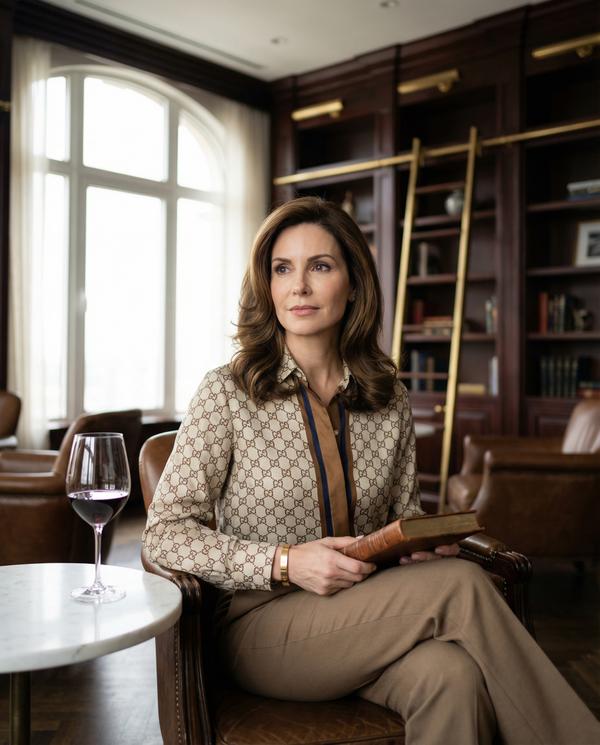 Casual elegance in a penthouse library, enhancing dating profile sophistication