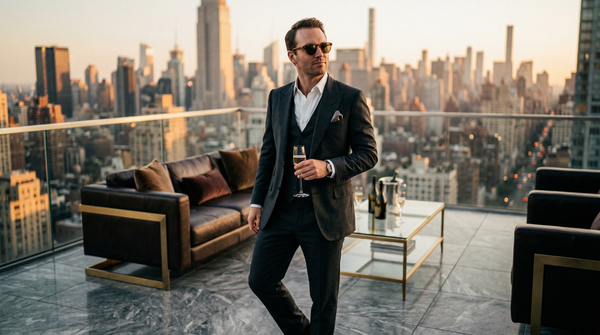 Wealthy man in Tom Ford suit on penthouse terrace at sunset