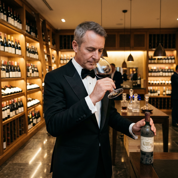Man in tuxedo savoring vintage wine in opulent wine cellar