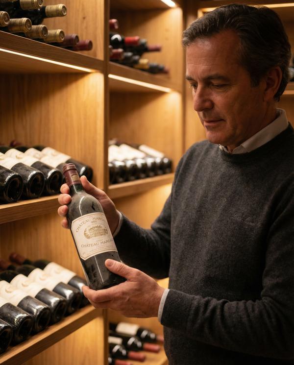 Sophisticated taste in a luxury wine cellar, perfect for dating profile imagery