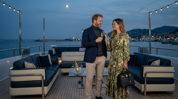 Chic couple toasting champagne on a luxury yacht at night