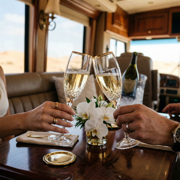 Champagne toast over mahogany table in luxury desert coach
