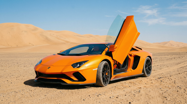 Lamborghini Aventador with open scissor door in desert expanse