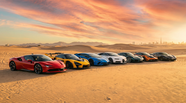 Golden hour desert supercar lineup with Lamborghinis, Ferraris, McLarens