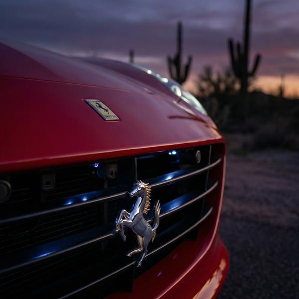 Close-up of Ferrari badge at dusk, showcasing automotive elegance.