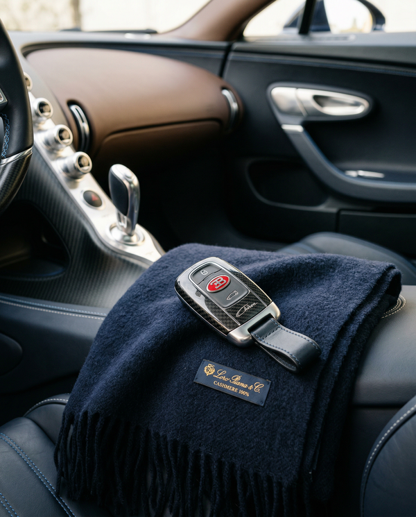 Bugatti Chiron key on Loro Piana cashmere in luxury car interior
