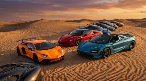 Lineup of desert hypercars during golden hour, capturing opulent performance.