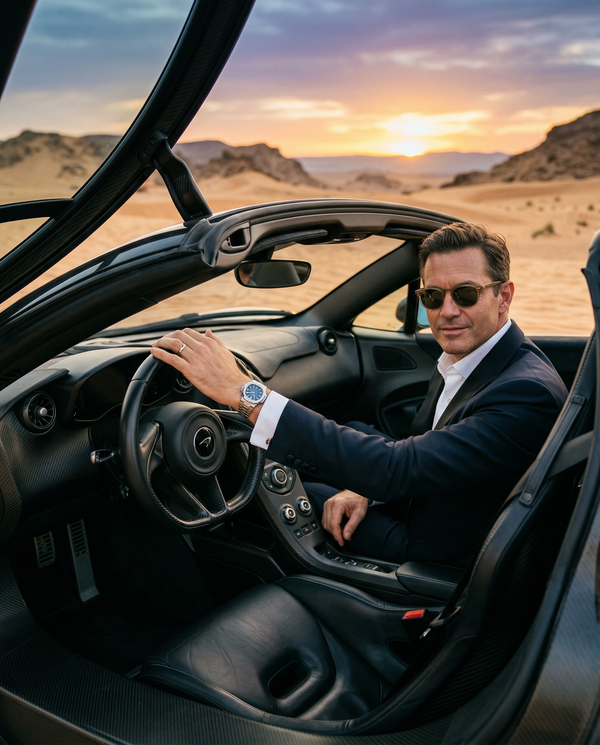Wealthy man in McLaren P1, desert sunset, stylish Tom Ford tuxedo