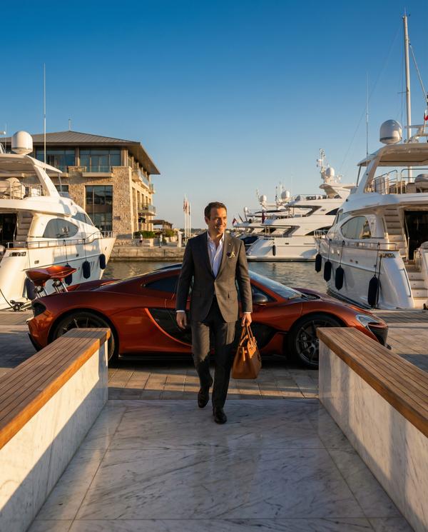 Sunset yacht club parking filled with luxury vehicles, a scene of elegance and leisure.