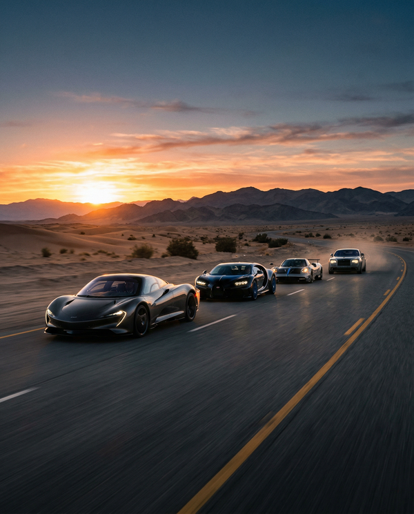 Powerful convoy of hypercars at desert dusk, McLaren, Bugatti, Rolls-Royce
