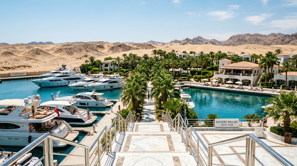 Yacht club oasis in the desert, luxury boats and marble decking