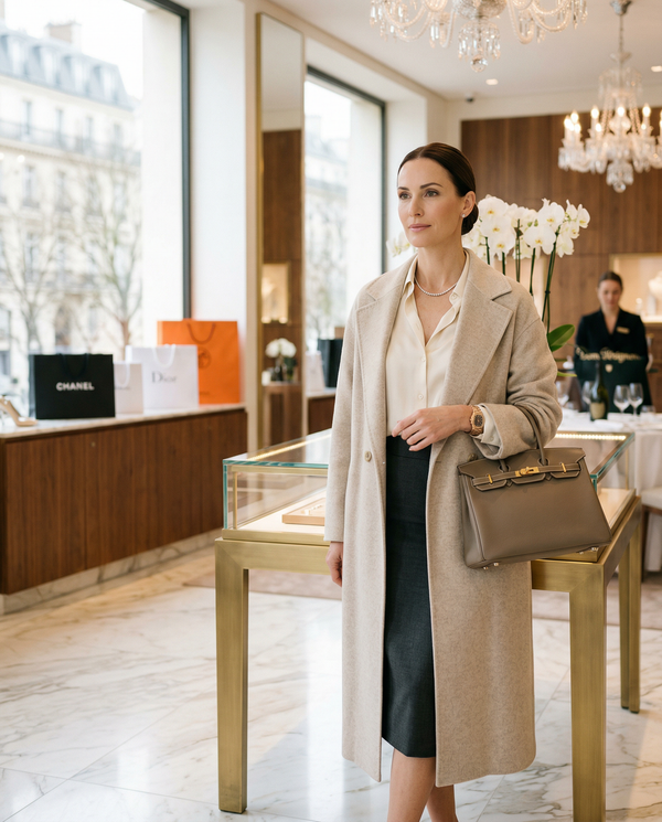 Avenue Montaigne boutique portrait with Hermès Birkin and marble