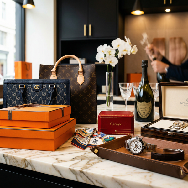 Luxury boutique marble detail with Rolex, Hermès boxes and Dom Pérignon