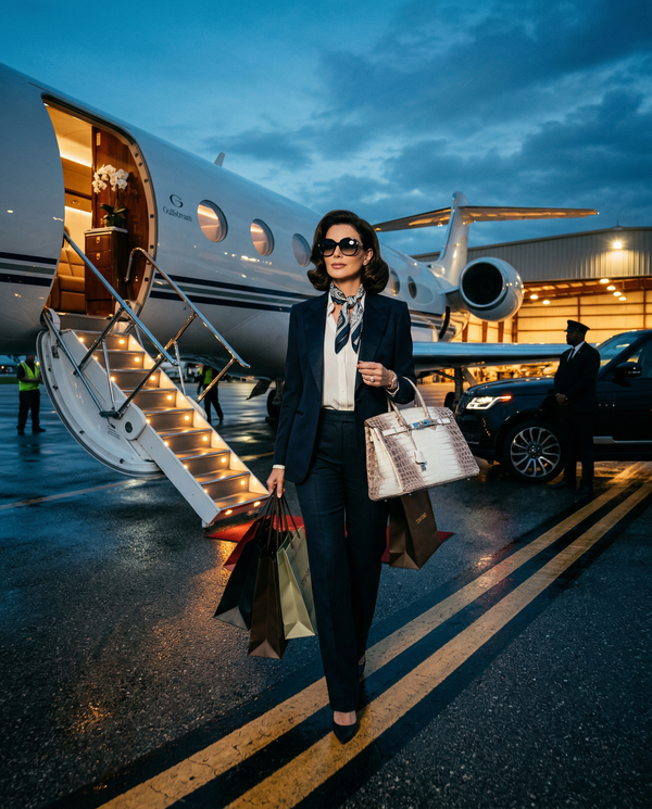 Blue hour private jet arrival with woman carrying Hermès Birkin and bags
