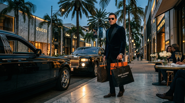 Low-angle Rodeo Drive shot: man with shopping bags beside Rolls‑Royce