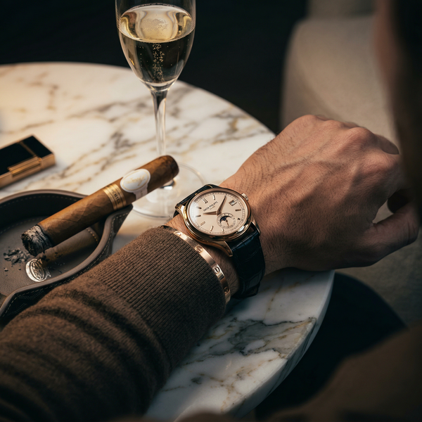 Close-up Patek watch and cigar on Calacatta marble table