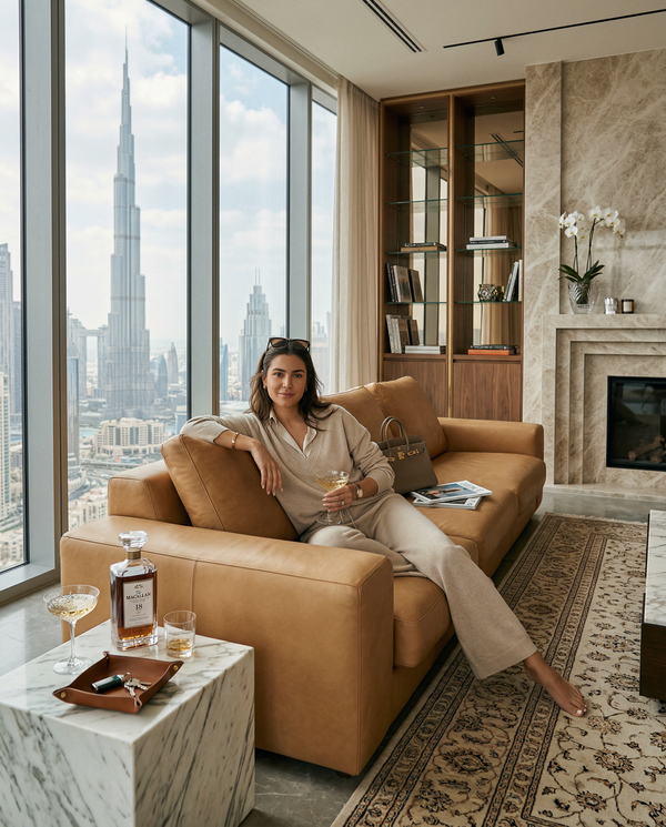 Daylight Dubai penthouse living room with Loro Piana-clad owner