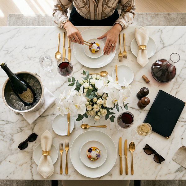 Overhead dining table with Michelin tasting and Dom Pérignon
