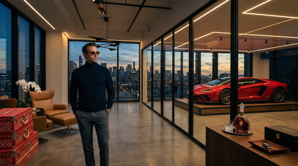 Penthouse showroom garage with luxury car and owner