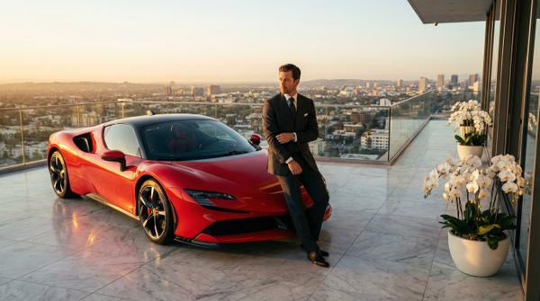 Stunning Ferrari SF90 Stradale overlooking a luxurious dawn skyline.