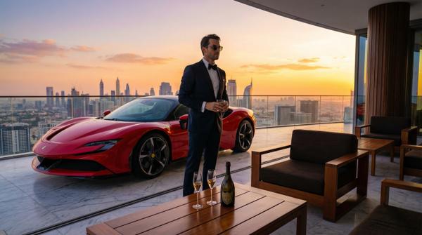 Elegant Ferrari SF90 Stradale on a penthouse terrace at sunset.