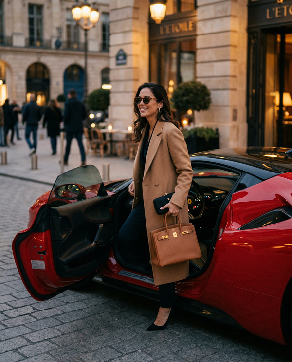 Stylish woman with Hermès bag exiting Ferrari SF90