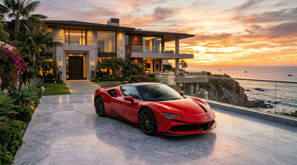 AI Ferrari SF90 Stradale at sunset by ocean mansion