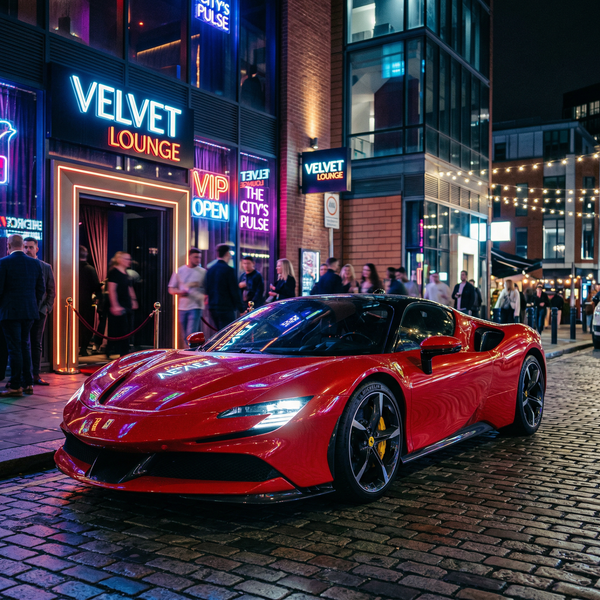 Ferrari SF90 Stradale under vibrant neon lights