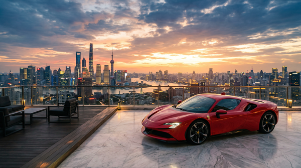 Ferrari SF90 on luxurious penthouse terrace at sunset