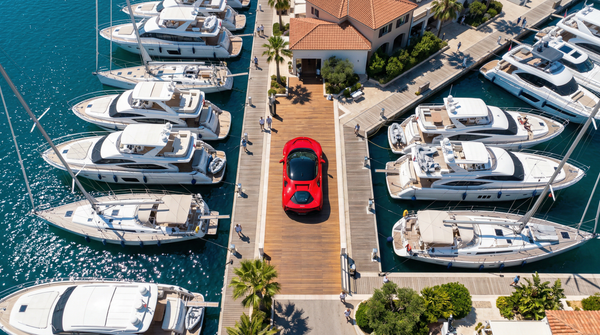 Overhead view of Ferrari SF90 at luxurious yacht club